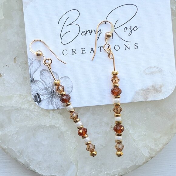 Gold Hessonite Garnet Dainty Drop Dangle Earrings - Picture 4 of 6